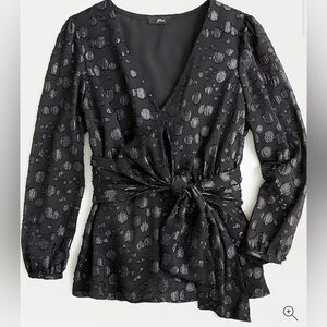 J. Crew Tie-waist V-neck top in black metallic dot jacquard M Casual Business